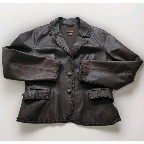 Danier Leather Jacket Women L Brown Studded Leaf Pockets Lined Boho Glitter Punk - Picture 9 of 16
